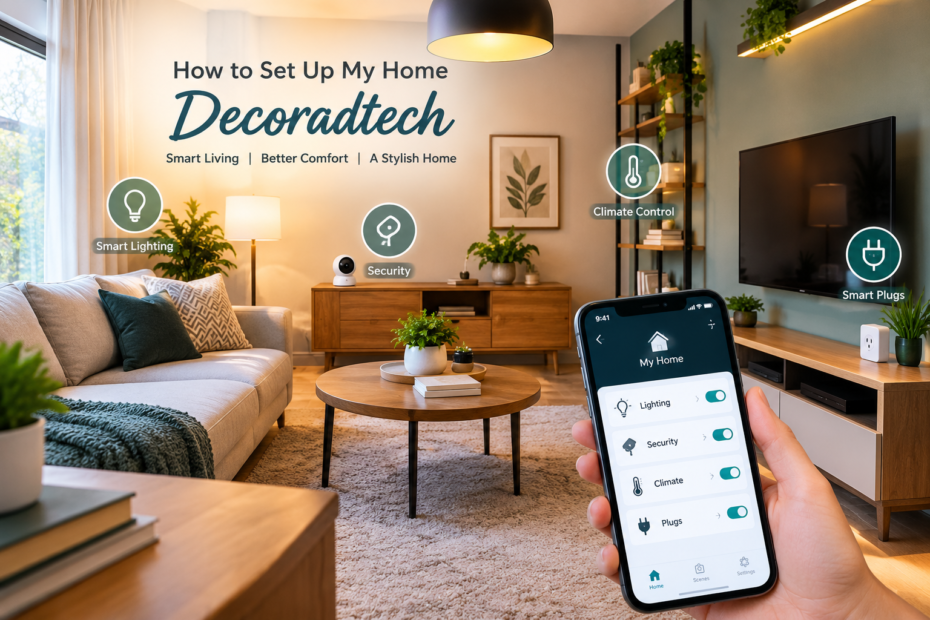 Modern living room featuring smart lighting, home security devices, and smartphone-controlled technology.